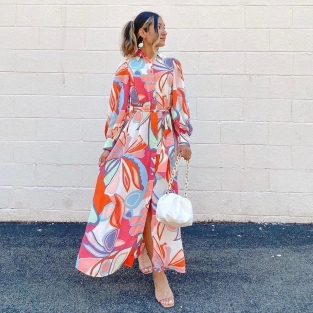 ALEXIS for Target Mixed Floral Long Sleeve Robe Dress S 70’s Tropical Party Trip